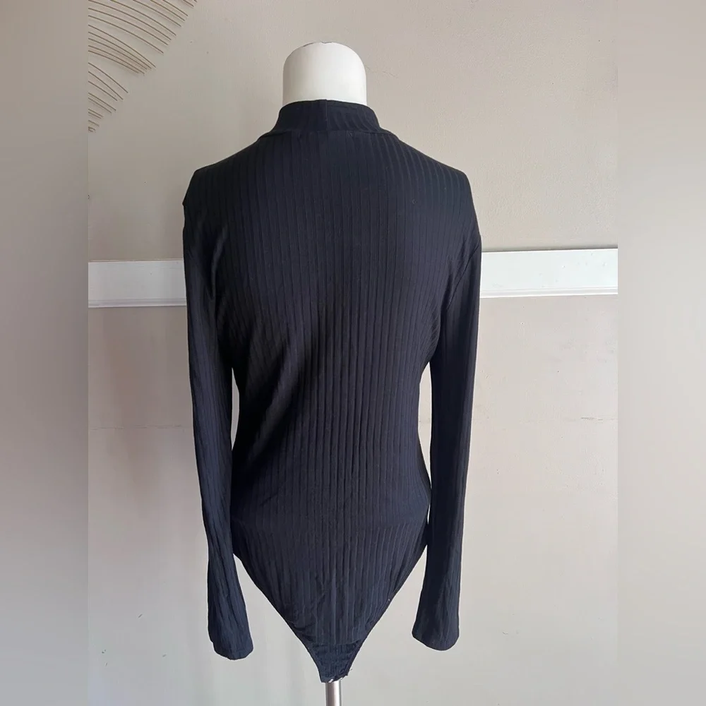 Ambiance Black Ribbed Long-Sleeve Mock Neck Bodysuit